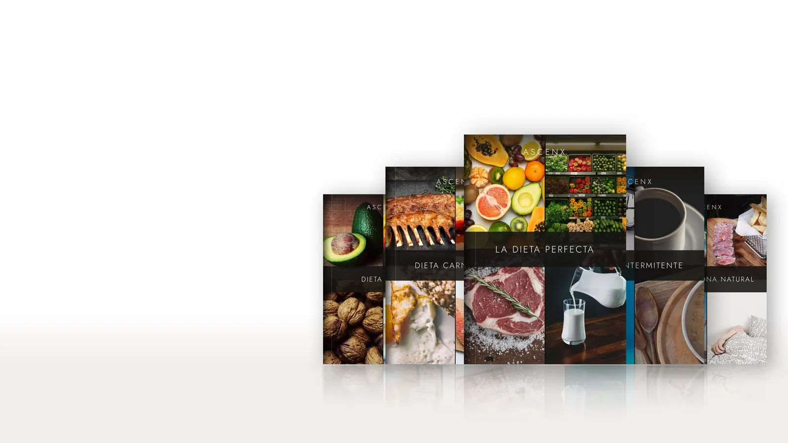 Los ebooks de la colección ASCENX: La Dieta Perfecta, Dieta Carnívora, Ayuno Intermitente, Dieta Keto y Testosterona Natural.